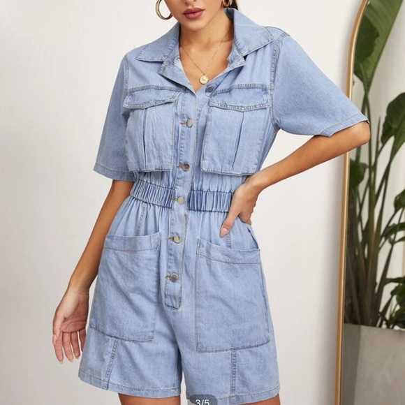 Dual Pocket Short Denim Romper - Picture 3 of 5